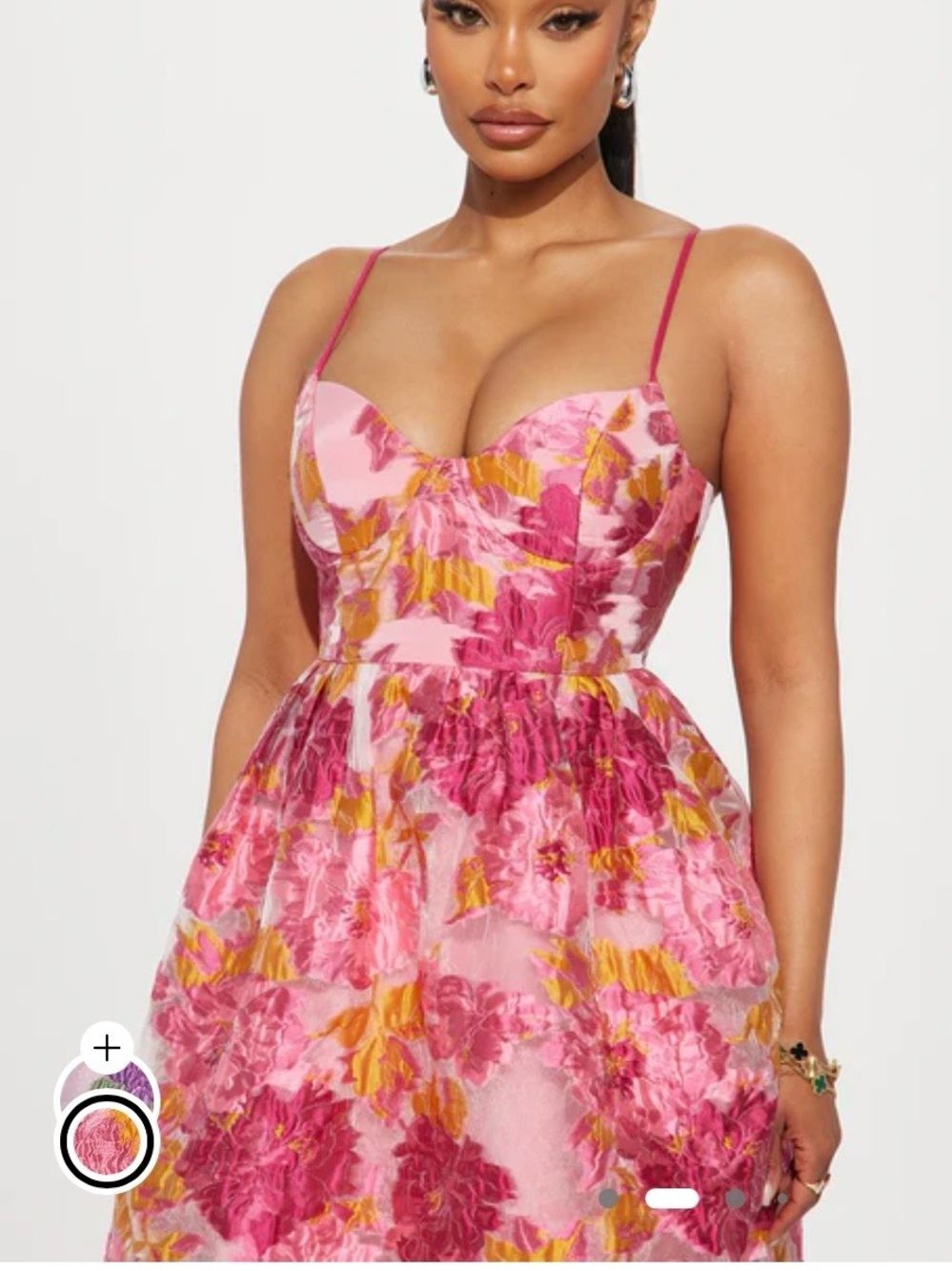 Fashion Nova Pink & Yellow Floral Strapless Sweetheart Dress